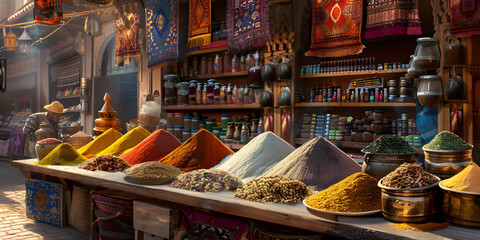 Mercado do Oriente M&eacute;dio com especiarias e t&ecirc;xteis