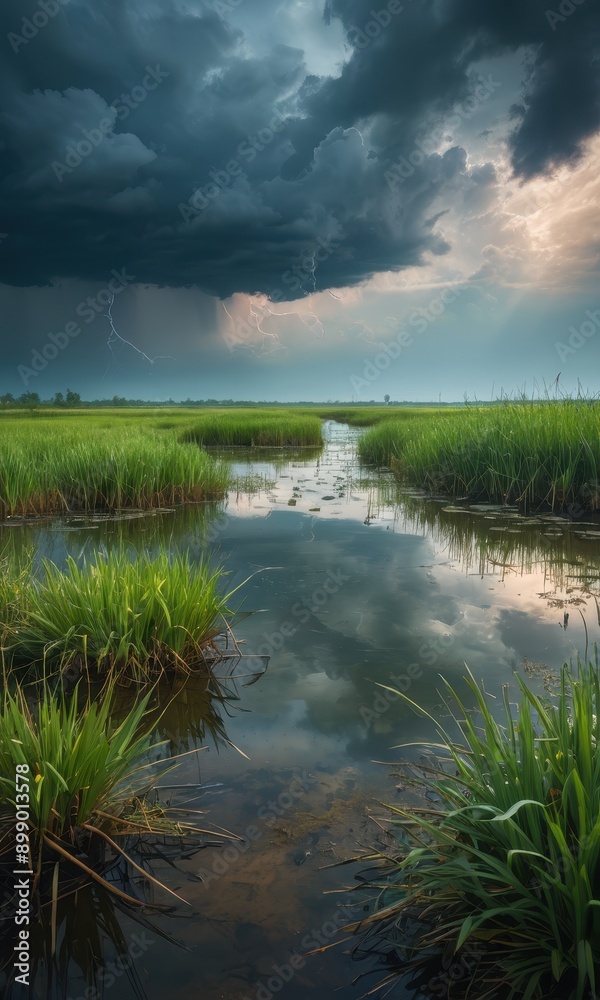 Canvas Prints dramatic stormy sky over marsh.