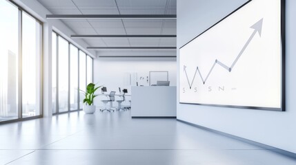 A spacious office with a modern aesthetic, digital screens on the walls, arrows illustrating growth trajectories and financial projections