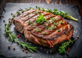 Juicy rib eye steak sizzles on a dark slate slab, garnished with fresh parsley and thyme, perfectly grilled to perfection with subtle char lines.