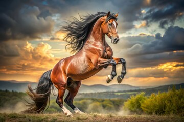 Majestic horse in powerful pose, reared up on hind legs, showcasing strength and elegance, with flowing mane and tail, set against a serene natural background.