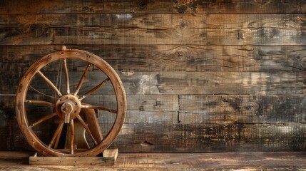 Obraz premium Vintage spinning wheel on rustic wooden background with empty area for text