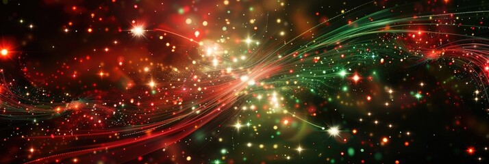 Abstract Christmas background with red and green swirling lights and stars