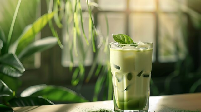 Iced matcha latte green tea with milk in a glass