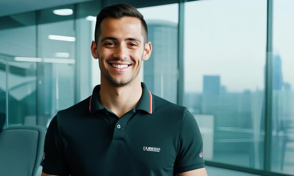 Environmental portrait video of a pleased man in his 20s wearing a sporty polo shirt against an office or corporate background