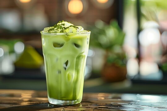 Iced matcha green tea latte with whipped cream in cafe