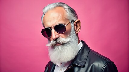 Portrait of stylish senior man with white beard and sunglasses isolated on pink background