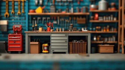 Organized and well equipped workbench in a workshop setting featuring a variety of tools materials and storage solutions for different DIY construction or mechanical tasks