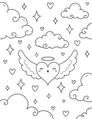Coloring book, heart with wings, cute clouds, sky, stars, kawaii, coloring page.