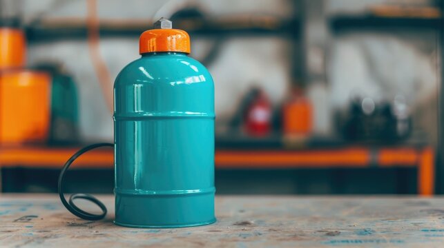 Detailed image of an air compressor in a workshop setting with focus and depth of field highlighting the various industrial equipment tools and accessories surrounding the compressor