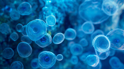 Close-Up View of Blue Cells Floating in Liquid