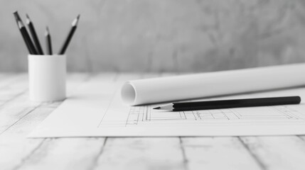 Detailed blueprint flat lay with drafting tools such as pencils pens rulers and compasses on a minimalist monochrome desk  The high angle and blurred background create a focused