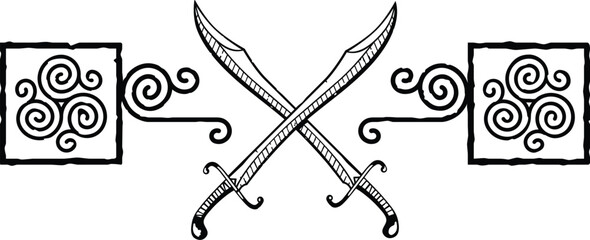 Celtic Spiral Header - Square Ends - Triskele Symbol, Crossed Scimitars