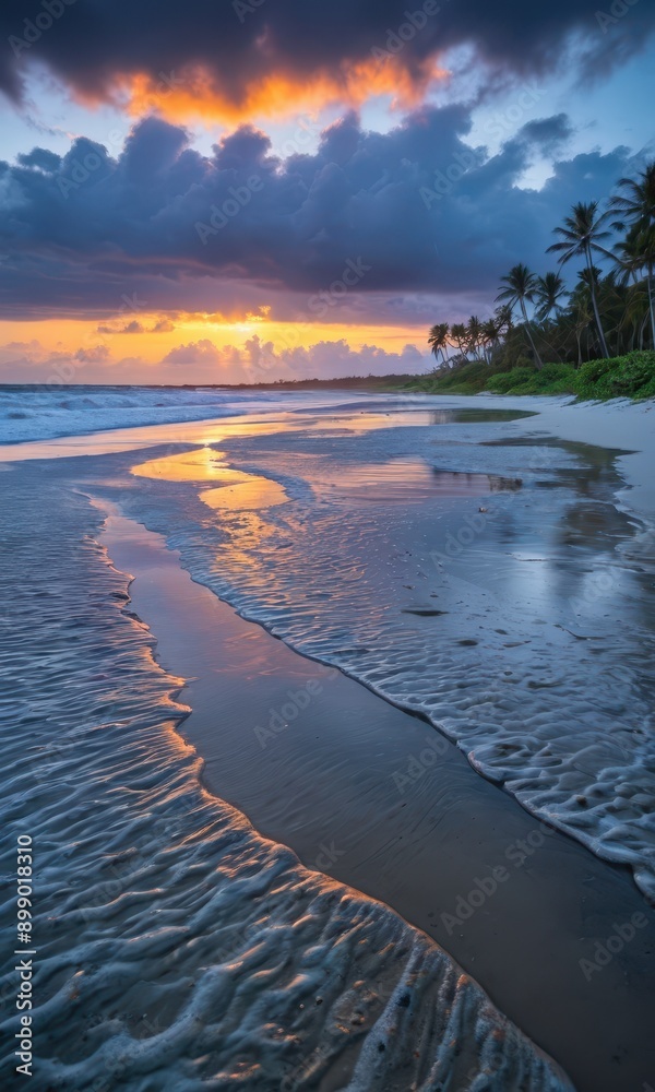 Wall mural sunset beach with palm trees and calm ocean waves.