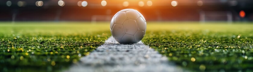 Fototapeta premium a soccer ball on a green field, illuminated by warm stadium lights during a game.