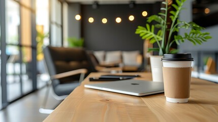 Modern Office Desk: Laptop, Coffee, Blurred Meeting Room