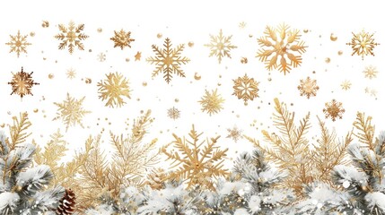 Golden Snowflake Border with Ornaments - Luxury Christmas Garland for Winter Packaging, Cards, and Invitations - Vector Illustration