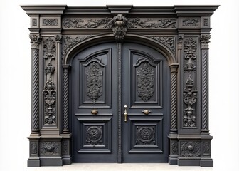 Fototapeta premium Elegant isolated classic framed molded black wooden door with intricate details and ornate carvings on a transparent background, perfect for entrance or doorway concepts.