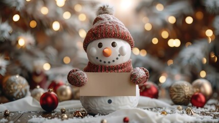 Snowman Greeting Card Template with Gold Confetti: Happy New Year Mockup for Winter Holidays