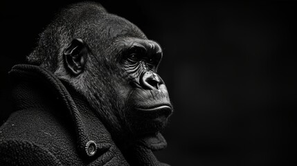 Black and white portrait of a serious gorilla wearing a coat, looking left on a black background