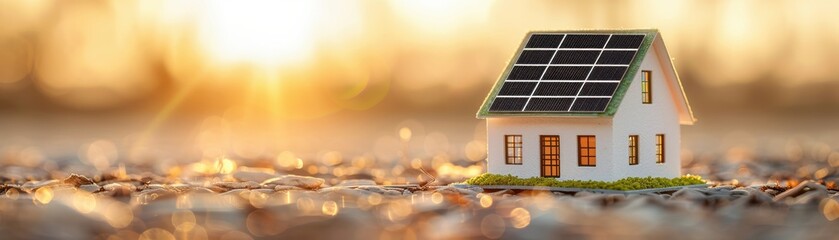 A miniature house with solar panels sits on a gravel surface, illuminated by warm sunlight, symbolizing sustainable living.