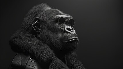 3d rendering of a serious gorilla wearing sunglasses and a fur coat, looking right on a black background
