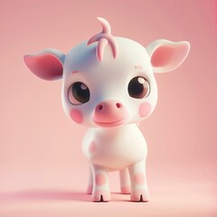 Fototapeta premium Cute 3D illustration of a baby cow with big eyes and pink spots on a pastel pink background.