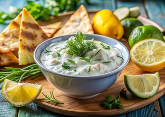 Freshly prepared traditional Greek tzatziki dip sauce with cucumber, sour cream, yogurt, lemon juice, olive oil, and dill weed, served with toasted pita bread and garnished elegantly.