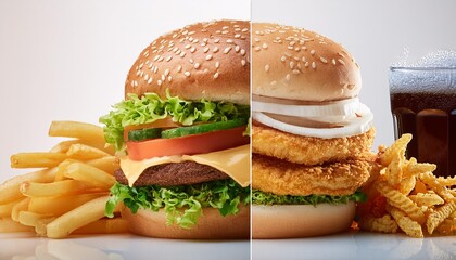  A split image showing a burger, fries, and a soda on one side, and a quinoa and steamed vege