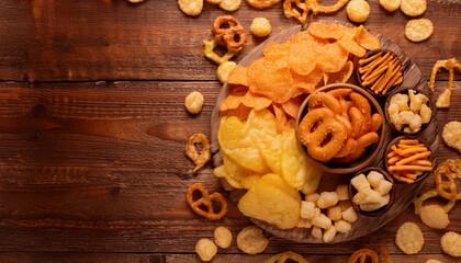Fototapeta premium A spread of salty junk foods including potato chips, pretzels, and cheese puffs on a rustic 