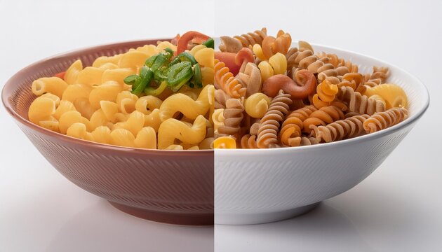 A split image with a bowl of whole grain pasta with veggies on one side and a bowl of macaro