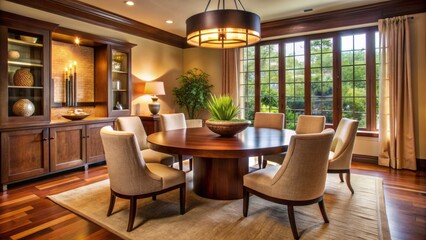 Cozy transitional dining room featuring a rich wood round table, mixed materials, earthy tones, and plush upholstery, bathed in soft, warm, ambient light.