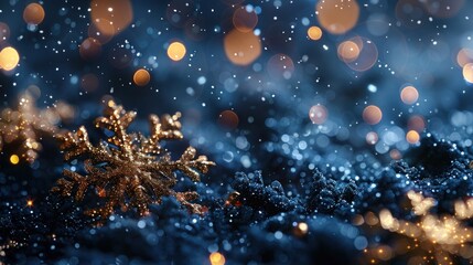 Navy Christmas Background with Snowflakes and Gold Sequins