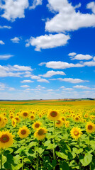 Obraz premium Endless Field of EF Yellow Sunflowers Under Cerulean Sky: A Panoramic Communion with Nature