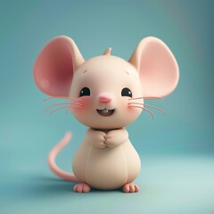 Adorable 3D-rendered cartoon mouse with big ears and a happy expression on a soft blue background. Perfect for children's themes and designs.