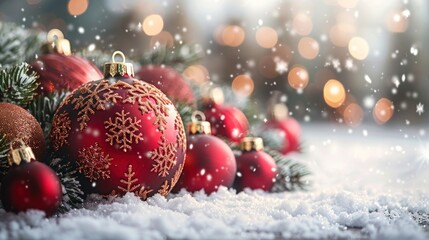 Fototapeta premium Merry Christmas Baubles on Snow with Fir Branches - Festive Holiday Decorations for a Joyful Winter Scene