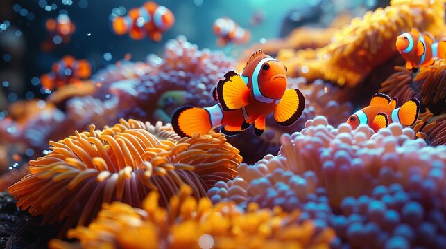 Vibrant clownfish swims gracefully in a colorful coral reef, teeming with marine life. The orange, white, and blue hues contrast beautifully with the yellow coral