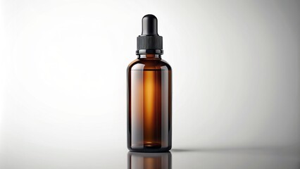 Elegant dark glass bottle for essential oils with sleek label area, surrounded by subtle shadows, on a clean white background, ideal for packaging and branding designs.