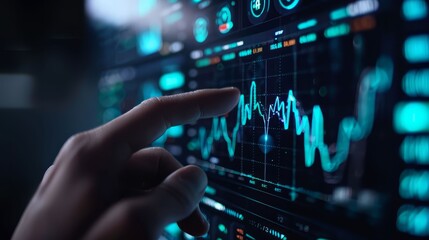 A close-up of a hand analyzing data on a digital screen with graphs and statistics. Perfect for technology and finance themes.