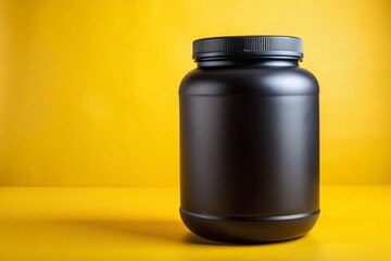 A black jar of muscle building supplement stands isolated on a bright yellow background, symbolizing sports nutrition and fitness goals achievement concept.