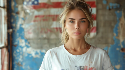 beautiful young woman with blonde hair looking at camera american flag behind her. American independence day concept