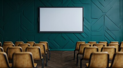 Modern conference room setup with empty chairs facing a blank screen on a stylish green wall.