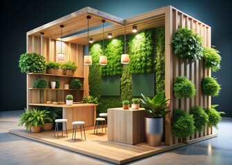 Vibrant 3D render of an eco-friendly exhibition booth with a lush greenery backdrop, wooden accents, and organic shapes, perfect for nature-inspired product showcases.