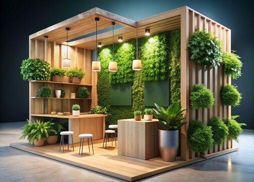 Vibrant 3D render of an eco-friendly exhibition booth with a lush greenery backdrop, wooden accents, and organic shapes, perfect for nature-inspired product showcases.