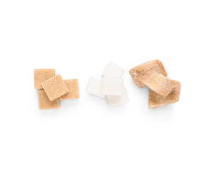 Different types of sugar on white background