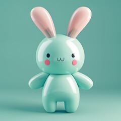 Obraz premium Adorable pastel-colored cartoon bunny figure with pink ears and cheeks on a teal background. Perfect for children's content and cute designs.