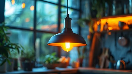 Warm, cozy kitchen with vintage edison bulb, stylish design, bright glow, dark background, perfect for relaxing at home