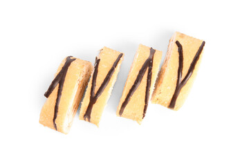 Pieces of tasty sponge cake roll on white background