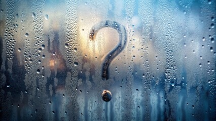 Mysterious question mark forms on fogged glass surface as condensation droplets merge, blurring the background, creating an intriguing abstract composition with eerie ambiance.