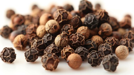 Obraz premium Mound of black peppercorns ready to add flavor to dishes, showcasing their rough texture against a white background. Organic, natural, healthy, and gourmet option for cuisine